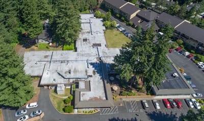 Aerial view of the facility's layout surrounded by trees