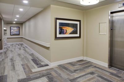 Interior hallway with art and an elevator