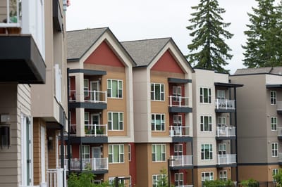Exteriors of residential building with balconies