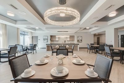 Dining area with set tables and modern decor