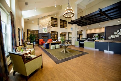 Bright and inviting common area with seating
