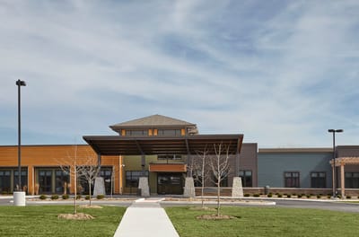 Exterior view of a modern assisted living facility