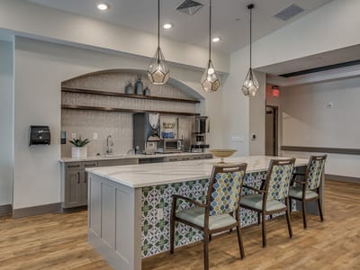 Modern interior kitchen area with seating
