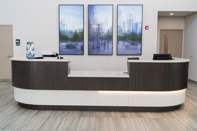 Reception area with modern design and artwork
