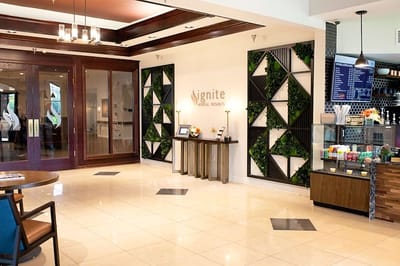 Lobby area of Ignite Medical Resort with modern decor.
