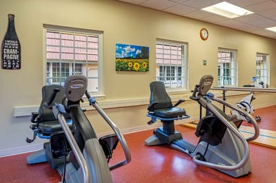 Fitness equipment in a brightly lit room with windows.