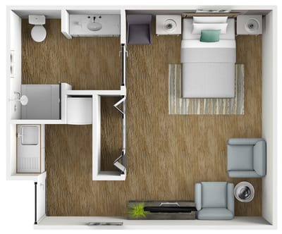 Layout of a private resident room with bed and bathroom