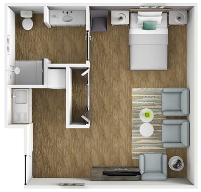 Layout of a private resident room with furniture and amenities