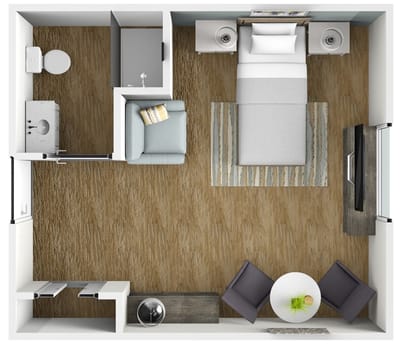 Layout of a private resident room with furniture