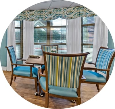 Bright and inviting common area with seating.