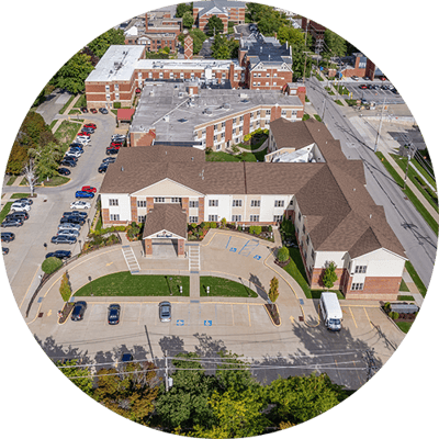 Aerial view of the assisted living facility exterior.