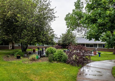 Outdoor garden area with seating and landscaping