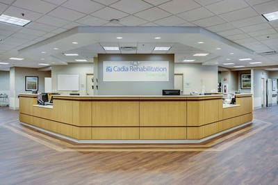 Interior view of reception area with wooden counter