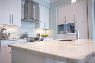 Modern kitchen interior with marble countertops
