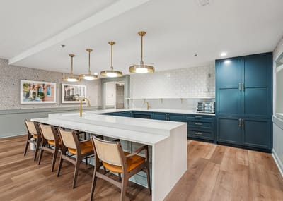 Bright interior kitchen area with seating