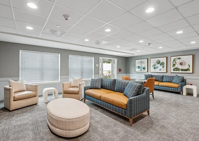 Common area with seating and artwork