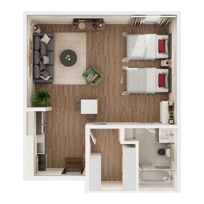 Interior layout of a shared living space with two beds