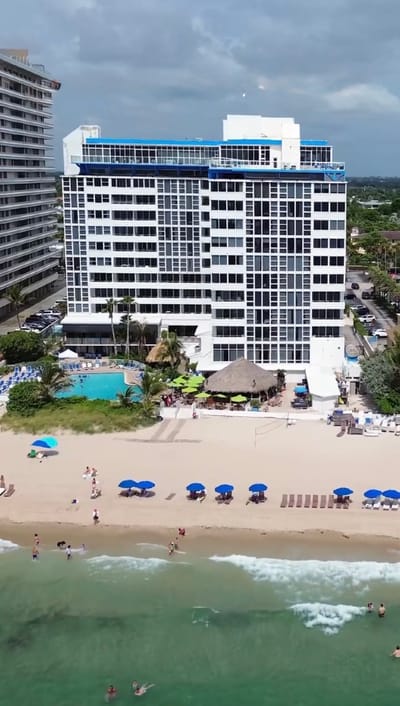 Aerial view of a beachside facility with outdoor space