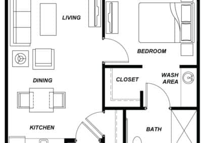 Architectural floor plan of a resident unit layout