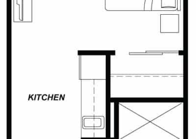 Architectural floor plan of a kitchen and living area
