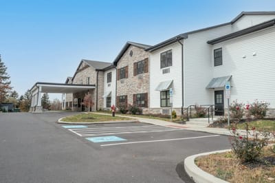 Exterior view of a senior living facility entrance