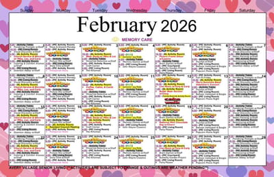 Monthly activity calendar for February 2026