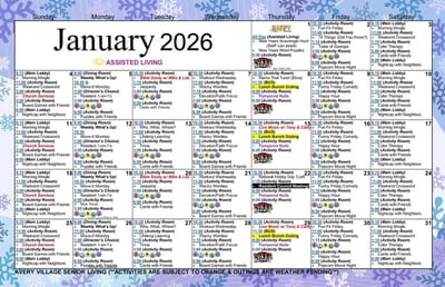 January 2026 activity calendar for assisted living