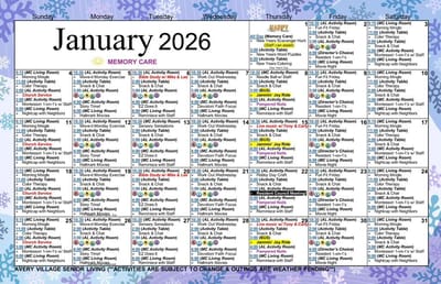 Calendar for activities in January 2026