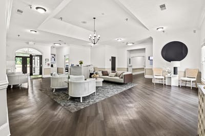 Bright and welcoming common area in a senior living facility