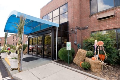 Entrance of a nursing home decorated for autumn