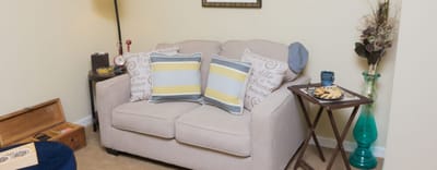 Cozy sitting area with a sofa and snacks