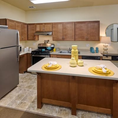 Well-equipped kitchen in a senior living facility
