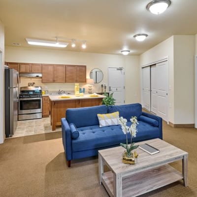 Cozy living room with kitchen area in assisted living unit