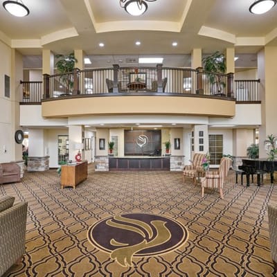 Bright interior of a welcoming lobby area with seating