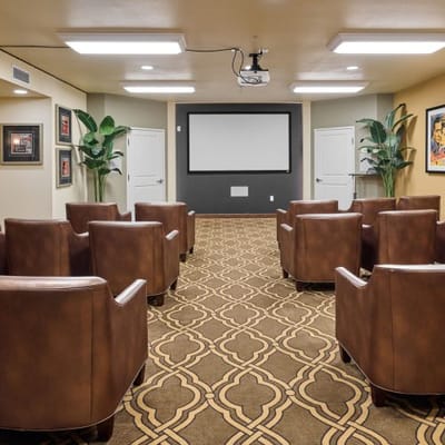 Interior view of a cozy screening room with chairs