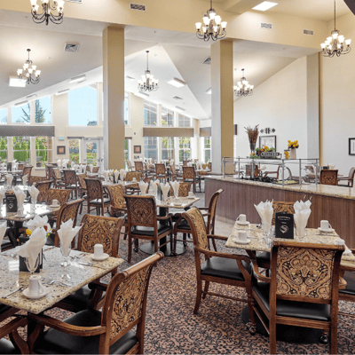 Bright dining area with elegant tables and chairs