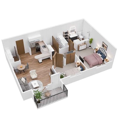Floor plan of a one-bedroom unit in a senior living facility