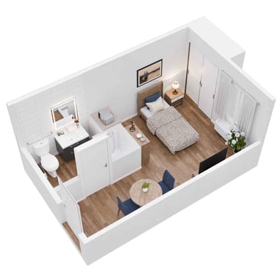 A layout of a private resident room with furnishings