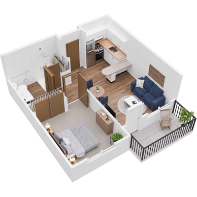 Aerial view of a one-bedroom apartment layout