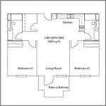 Architectural floor plan layout of a two-bedroom unit