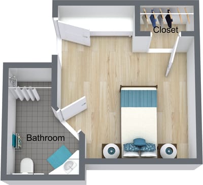 Floor plan of a private resident room with a bathroom