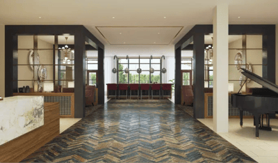 Bright and spacious common area with piano
