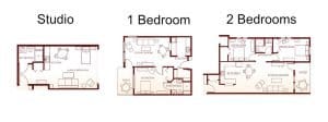 Architectural floor plans for studio and bedrooms