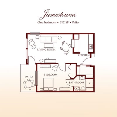 Floor plan of a one-bedroom apartment with patio