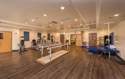 Well-equipped rehabilitation gym with various exercise equipment