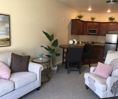 Cozy living area in a senior facility apartment