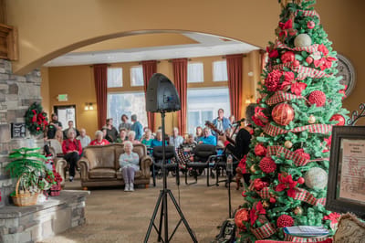 Residents enjoying a festive gathering with decorations