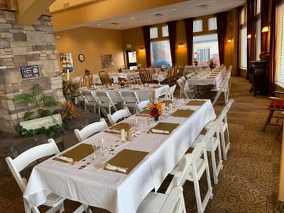 Dining area set for a community meal