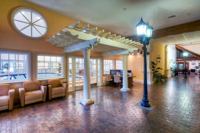 Interior view of a common area with seating