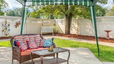 Cozy outdoor seating area under a canopy